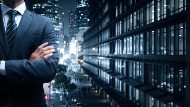 A man in a suit is standing in front of a wall with a blurry background. The man is wearing a tie and has his arms crossed. Concept of professionalism and formality