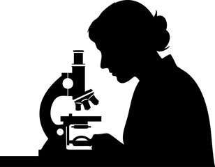 Focused scientist works with microscope in lab, medical research concept, silhouette of woman in science, healthcare innovation, breakthrough discovery
