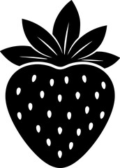 Bold black silhouette of a ripe strawberry with detailed seeds and vibrant green leaves, perfect for modern food branding and design projects