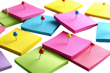 Colorful sticky notes, various shades, overlapping, with small, red pins