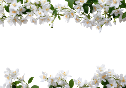 White jasmine flowers frame a black background.  Delicate blossoms and green leaves form a horizontal border around a large, empty center