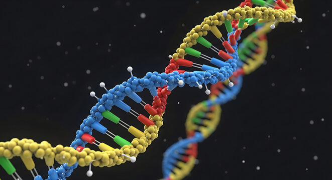 Detailed 3D illustration of a colorful DNA double helix with glowing atoms, molecular bonds, and spiral strands. Scientific structure in dark background, elegant lighting, ultra-realistic detail. - Powered by Adobe