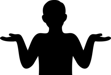 Uncertain person shrugging shoulders, conveying confusion, indecision, or lack of knowledge with open palms in a simple, modern silhouette