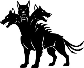 Fearsome three headed dog Cerberus guarding mythical underworld with sharp teeth and powerful stance representing protection and danger