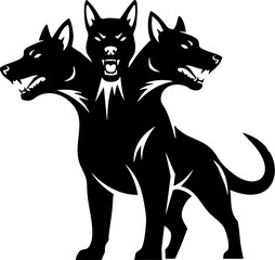 Fierce three headed dog guarding underworld with intense gaze and bared teeth, powerful mythological creature silhouette ready for action