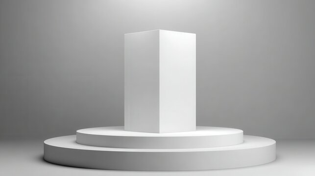 A white rectangular box on a circular pedestal, studio lighting