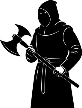 Fearsome hooded executioner holding a menacing double-bladed battle axe ready for action, evoking medieval danger and historical dread.