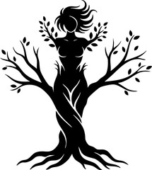 Empowering female spirit intertwined with nature's strength, symbolizing growth, life, and organic connection in a striking silhouette.