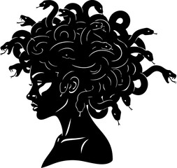 Mysterious Medusa profile silhouette with writhing snakes for hair, a powerful mythical figure embodying ancient lore and fierce beauty.