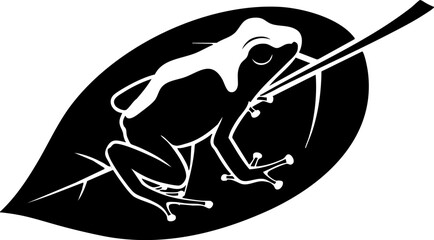 Sleek black and white illustration of a stylized frog perched on a bold leaf, perfect for nature branding and minimalist designs.