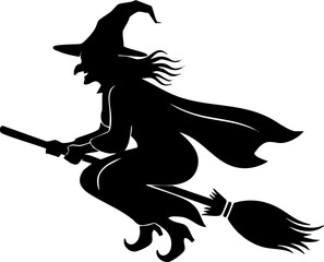 Mystical witch silhouette soaring on broomstick under moonlit sky, perfect for Halloween decorations and spooky designs