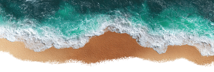 High-angle view of turquoise ocean waves crashing on a sandy beach