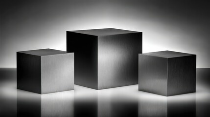 Three metallic cubes with soft lighting on a reflective surface