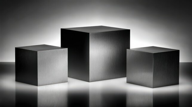 Three metallic cubes with soft lighting on a reflective surface