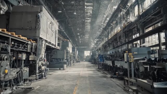 A long, industrial warehouse interior, bathed in soft light. Large machines line the sides