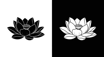 A graphic illustration of a lotus flower in two contrasting versions, black on a white background and its negative white on a black background.