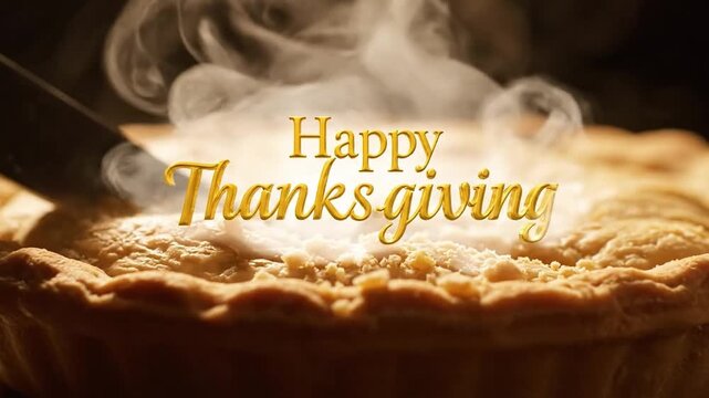 Warmly lit, close-up shot of a steaming pie with a crimped crust, conveying a cozy and inviting mood, with a Happy Thanksgiving message in golden text overlaid on top, against a dark