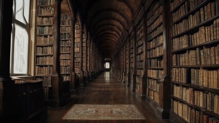 Long library hallway with endless rows of books and dark wood features