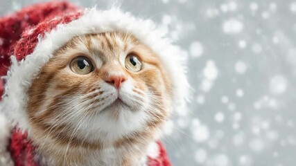 Festive cat in santa hat gazing upward amidst falling snowflakes - Powered by Adobe