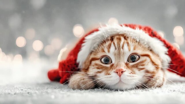 Adorable ginger cat in santa hat lying on snowy surface with festive lights background