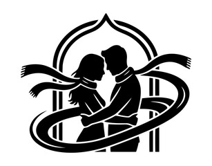 Couples hugging vector art of silhouette of a loving couple embracing with a scarf