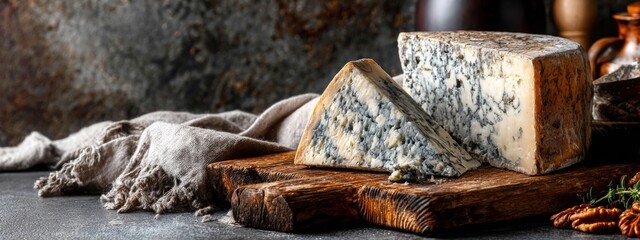 Two halves of round blue cheese wheel on wooden cutting board on light background, selective focus