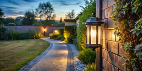 Fototapeta premium Solar powered lantern installed on a wall near a house entrance, illuminating a garden path at dusk