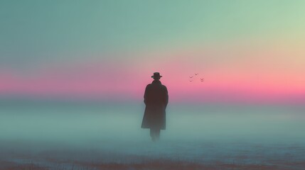 man in hat and coat stands in foggy landscape
