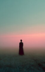 person stands in foggy field at sunrise