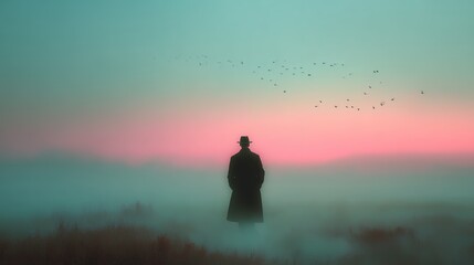 man standing in foggy landscape at dusk