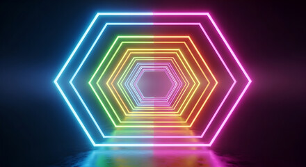 Neon Hexagon Tunnel Geometric Lights Colorful Abstract Design Copy Space