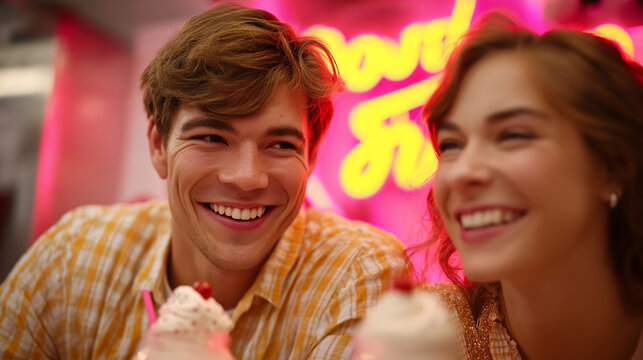 Friends sharing milkshakes at traditional soda fountain, neon reflections and laughter, 1950s teen nostalgia, timeless friendship, joyful pop culture, vibrant retro vibe, with copy - Powered by Adobe
