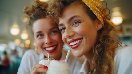 Friends sharing milkshakes at traditional soda fountain, neon reflections and laughter, 1950s teen nostalgia, timeless friendship, joyful pop culture, vibrant retro vibe, with copy