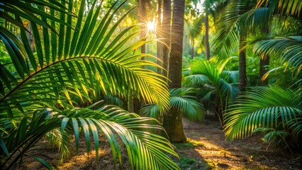 Obraz premium Warm sunlight filtering through dense palm fronds, casting dappled shadows on the forest floor, with a few stray leaves rustling softly in the gentle breeze, outdoors, lush green