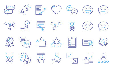 Feedback and reviews icon set. Thin line editable stroke icons for rating, testimonials, opinions, customer satisfaction, user experience, comments, quality assurance, survey, trust