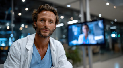 A calm and confident doctor poses with a reassuring expression in a clinical setting, emphasizing professionalism and care, with a screen displaying medical visuals in the background.