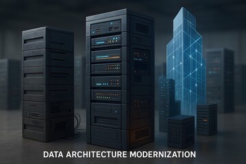 Data Center Architecture and Modernization. Showcasing the structure and technological advances in data centers. 