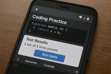 A close-up shot of coding practice on a phone screen. Concept of technology and learning.