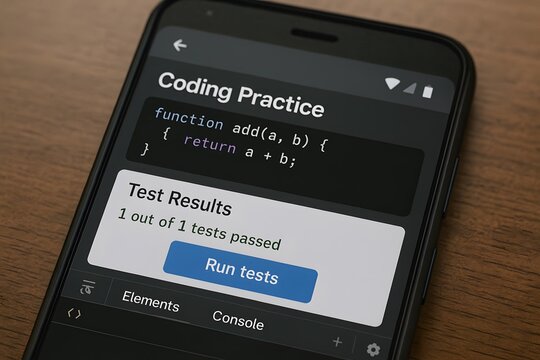 A close-up shot of coding practice on a phone screen. Concept of technology and learning.