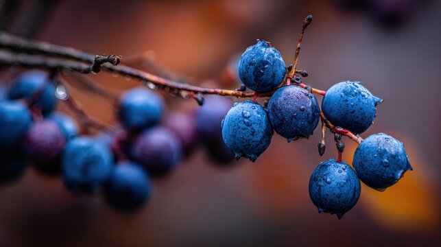 Close up of fresh blue berries on a branch capturing natural beauty with raindrops