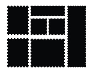 Black Silhouette Vector Postage Stamp Template Set. Perforated Rectangle and Square Frames for Mockup, Coupon, Ticket, and Retro Design.