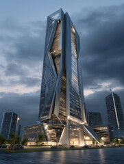 Naklejka premium Modern skyscraper building transforming urban city skyline at dusk