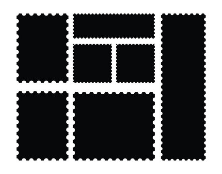 Black Silhouette Vector Postage Stamp Template Set. Perforated Rectangle and Square Frames for Mockup, Coupon, Ticket, and Retro Design.