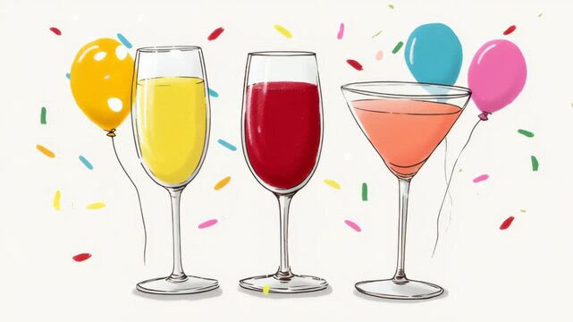 Colorful celebration scene featuring three distinct cocktails in elegant glasses, with vibrant balloons and confetti, showcasing festive atmosphere, camera pans across the drinks highlighting details