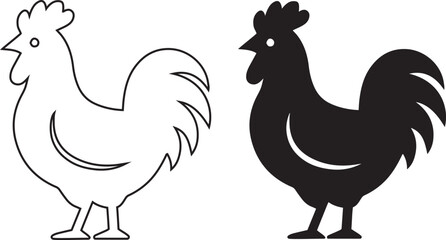 Black and white rooster outline and silhouette icons chicken fowl