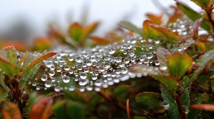 Close up of dew drops on webbing nestled among vibrant green leaves