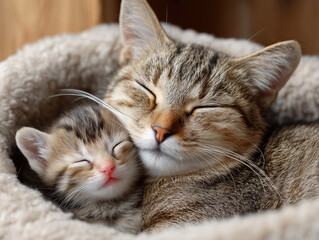 Mother cat and kitten cuddling while sleeping