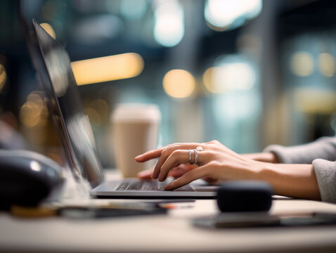 Businesswoman working on laptop in modern office at night