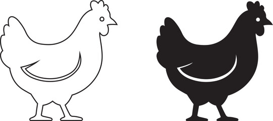 Black silhouette and outline hen icons side by side on white chicken bird