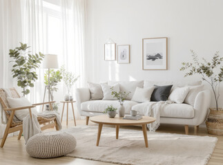 Bright Scandinavian living room interior with natural light and cozy decor